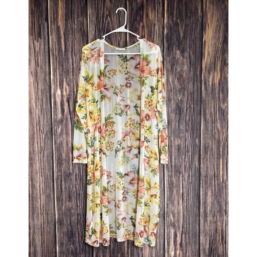 Jolie & Joy Duster Tunic Womens XL White Floral Open Front Long Boho Shift